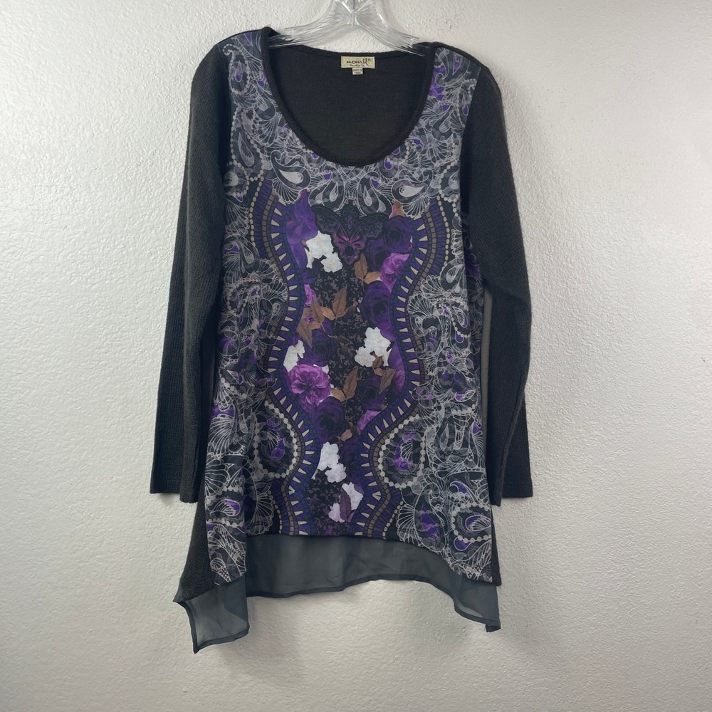 One World Women XL Tunic Top Floral Paisley Mixed Media Sharkbite Hem Grey